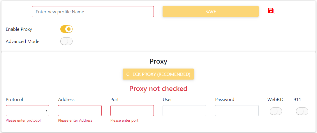 enter net profile name Proxy Not Checked