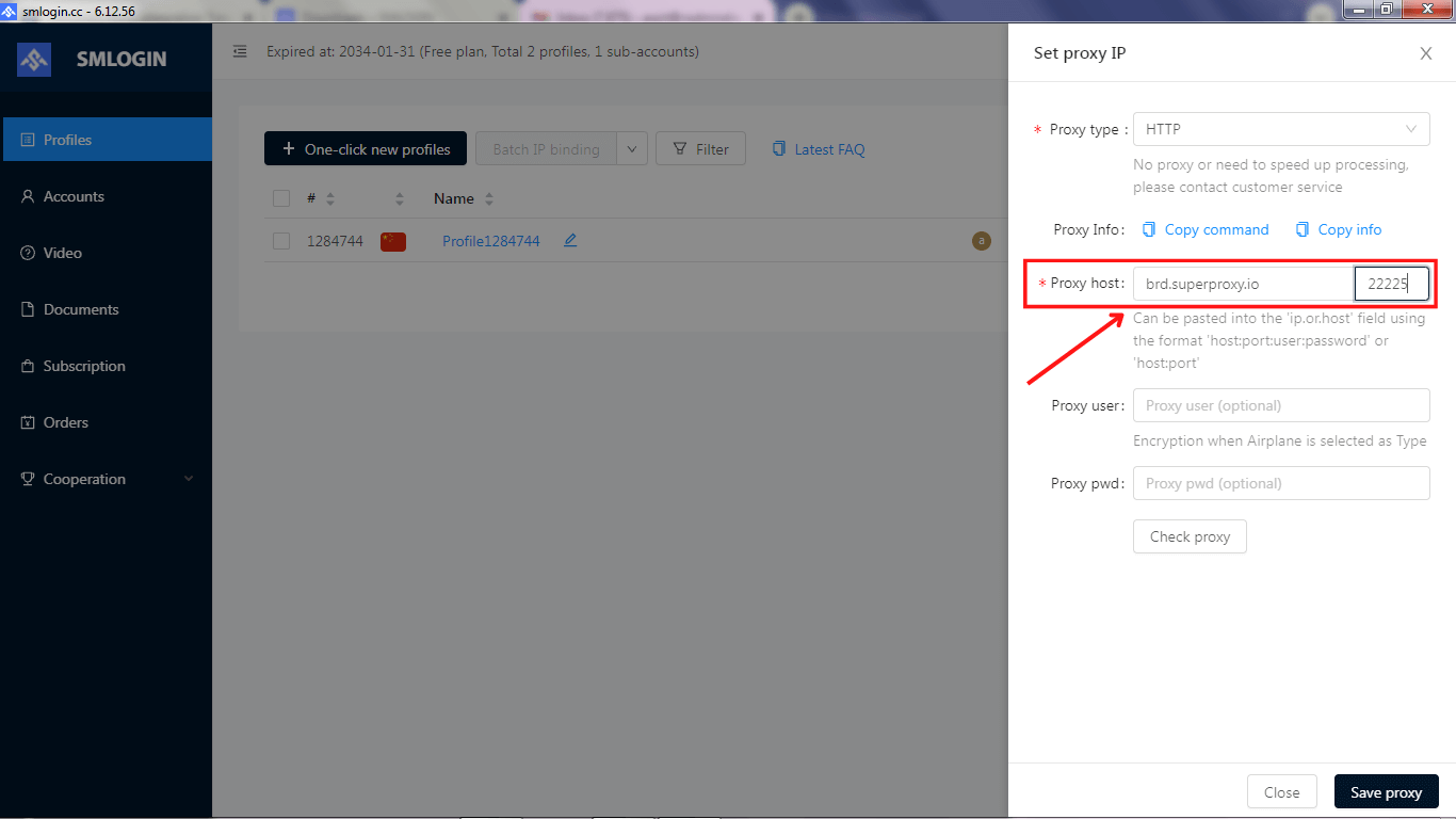Proxy settings: IP brd.superproxy.io with port 22225.
