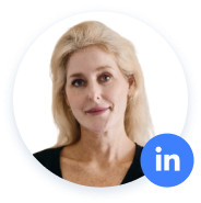 LinkedIn アイコンが付いた女性のプロフィール写真。
